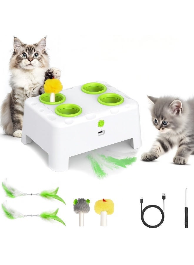 2-in-1 Interactive Cat Toy for Indoor Cats, Automatic Moving Feather & Whack-a-Mole Mouse Game with 4 Holes, Exercise Toy for Kittens and Adult Cats (White) - Image 1